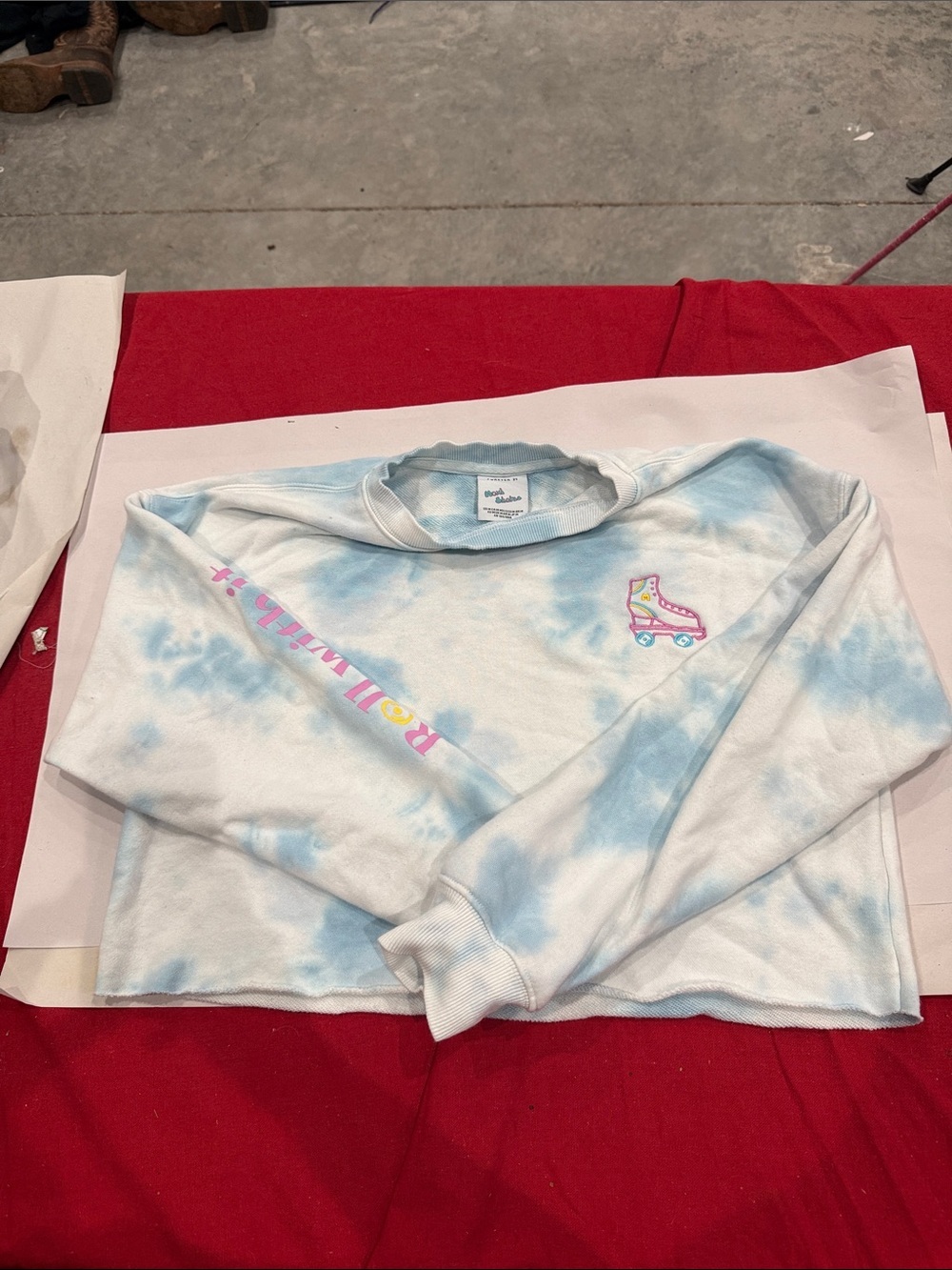 Forever 21 Light Blue and White Tie-Dye Sweatshirt cropped with 'Moxi Skates'